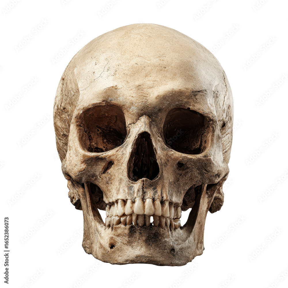 Obraz premium Human skull displayed against a plain background, showcasing detailed bone structure and features