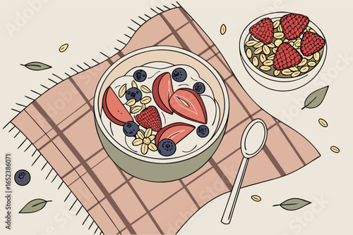 Delicious breakfast bowl with yogurt, berries, granola, and a spoon on a plaid cloth illustration