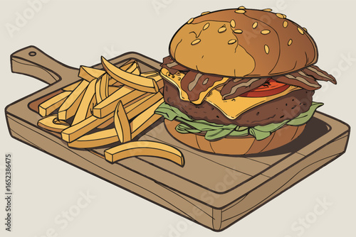 Delicious burger with french fries on a wooden board perfect for fast food restaurant or cafe menu design