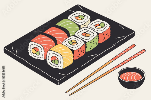 Delicious japanese sushi rolls platter with chopsticks and soy sauce for asian cuisine lovers