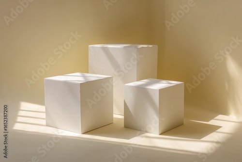 Cubes Display, Beige Corner Room, Window Shadows, Product Showcase/ Mockup, Simple