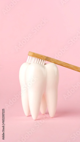 A tooth being brushed by a toothbrush on a pink background