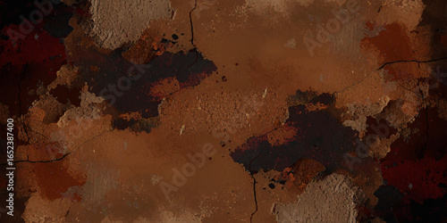 Textured landscape of cracked, earthy terrain with a mix of dark brown, reddish, and grayish tones, resembling a dry, rugged surface.	