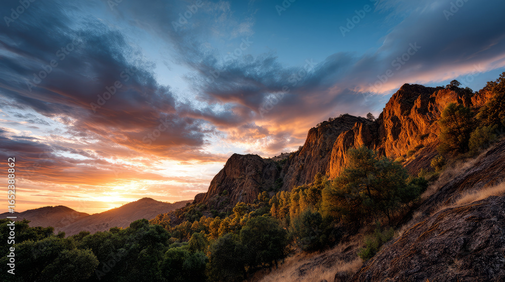 Fototapeta premium Mountain view above clouds flowers and blooming bushes at sunset sunbeams. Calm close-up beautiful landscape, screensaver background, Beautiful panorama. Summer vacation, holiday, amazing nature.