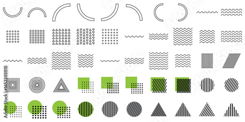Set of 50 geometric shapes. Memphis design, retro elements for web, vintage, advertisement, commercial banner, poster, leaflet, billboard, sale. Collection trendy halftone vector geometric shapes