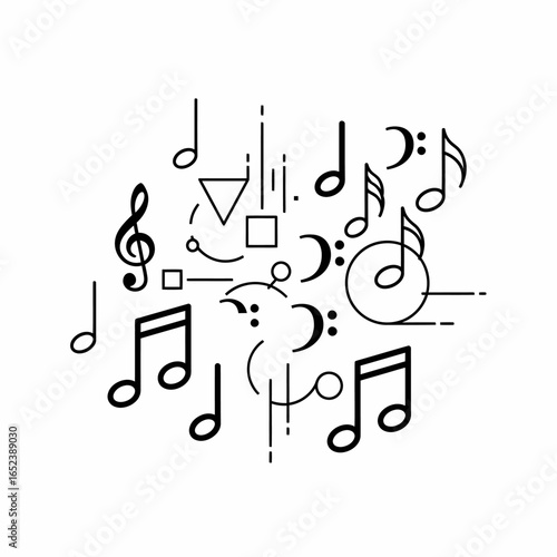 A minimalist black and white abstract composition of musical notes, a treble clef, and geometric shapes.
