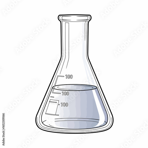 A detailed illustration of a glass Erlenmeyer flask, a piece of laboratory equipment, partially filled with a clear liquid and showing volume markings.