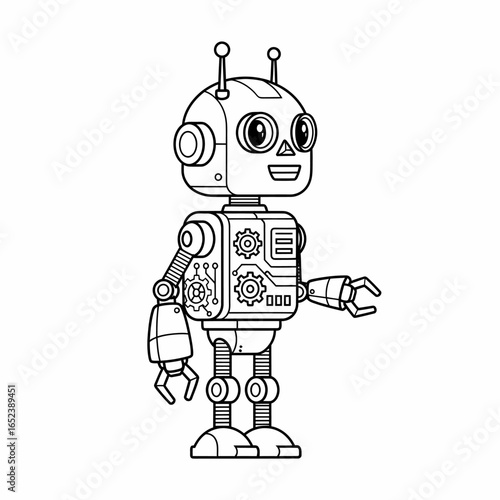 A charming cartoon robot with a friendly expression, featuring intricate mechanical details on its body and outstretched hand, presented in a simple black and white illustration.