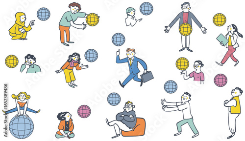 地球を駆け回るグローバルは人材　セットのストックイラスト
