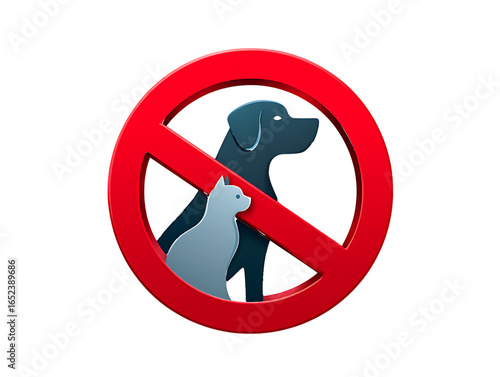 Red prohibition circle with dog and cat silhouettes isolated on a transparent background no pets forbidden