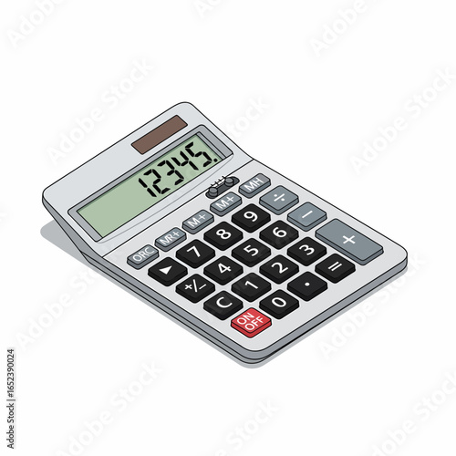 A modern electronic calculator with a digital display showing numbers, featuring a keypad with numerical and operational buttons.