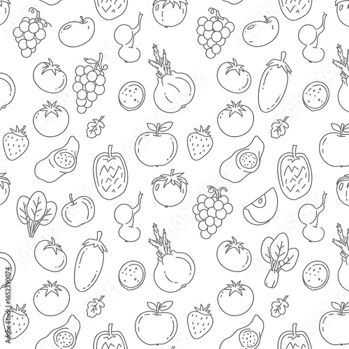 Monochrome seamless background with outline icons of fresh organic fruits and vegetables. Vector line art pattern for healthy eating concepts