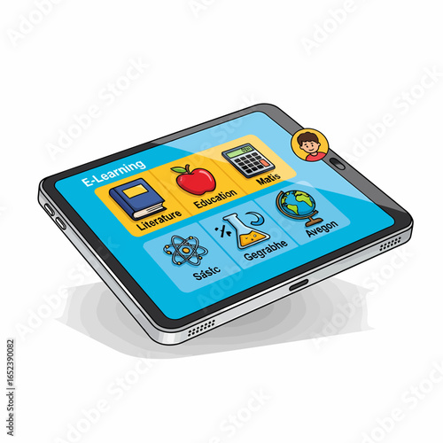 A tablet displaying an e-learning interface with icons for literature, education, math, science, geography, and an avatar.