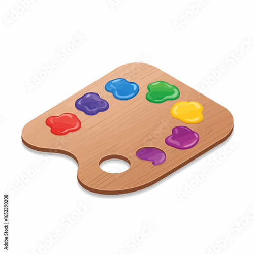 An isometric illustration of a wooden artist's palette with vibrant dabs of colorful paint.