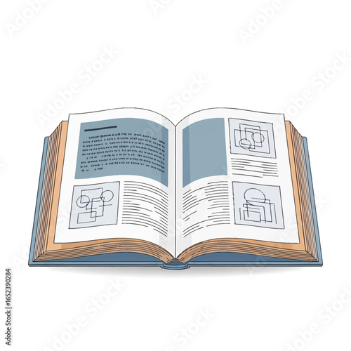 An open book displaying text, diagrams, and illustrations on its pages, presented against a white background.