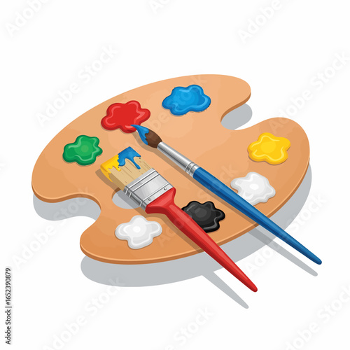 An artist's wooden palette with colorful paint dabs and two paintbrushes ready for creating art.