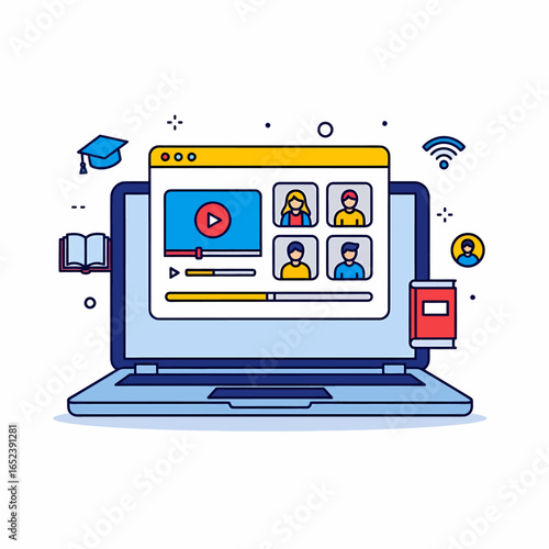 A laptop displaying a video conference call with multiple participants, surrounded by educational icons like a graduation cap and books, representing online learning.