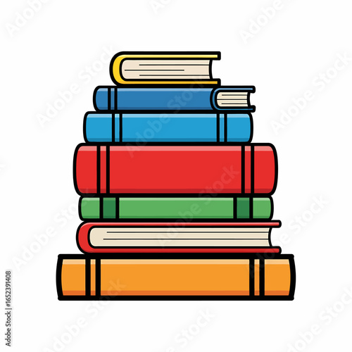 A colorful stack of open and closed books, neatly piled on a white background, representing knowledge and learning.