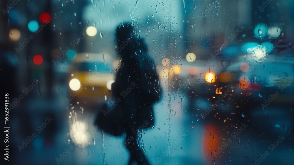 Obraz premium Rainy Night City Street Scene Blurry Silhouette of Person Walking, Dark and Moody Atmosphere