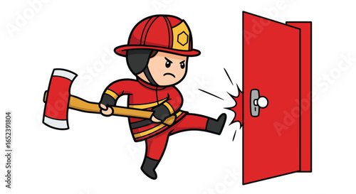 Cartoon Firefighter Breaking Down Door with Axe