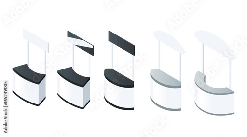 Isometric display panels set. Five curved screen designs with dark and light gray bases. Modern exhibition stand elements for presentations and trade shows. Vector illustration on white background