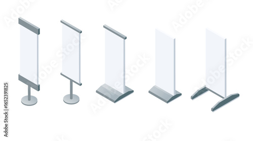 Isometric banner stands collection. Five different display types with rectangular and curved designs. Professional exhibition equipment for events. Vector illustration isolated on white background