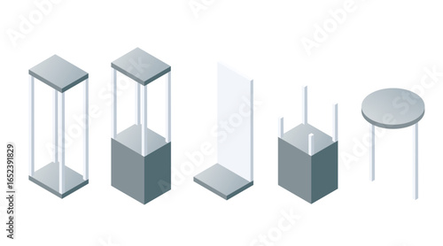 Isometric display cases and podiums. Glass showcases with gray bases and platforms. Museum and retail exhibition furniture elements. Vector illustration isolated on white background