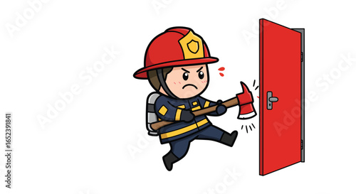 Cartoon Firefighter Breaking Down Door with Axe