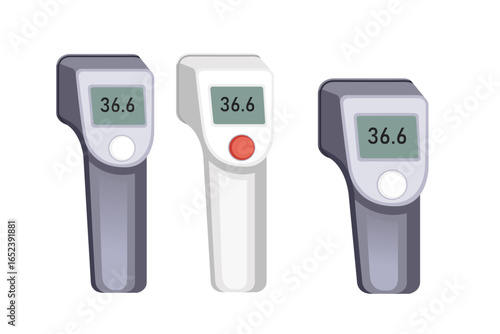 Three digital infrared thermometers displaying 36.6 degrees. Two gray and one white device with LCD screens and buttons. Non-contact medical temperature measurement tools. Vector illustration
