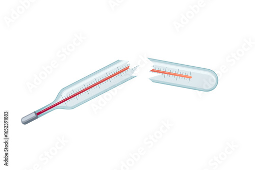 Broken glass thermometer in two pieces. Red mercury column visible inside clear tubes with measurement scales. Hazardous medical waste concept. Safety warning illustration. Vector illustration on whit