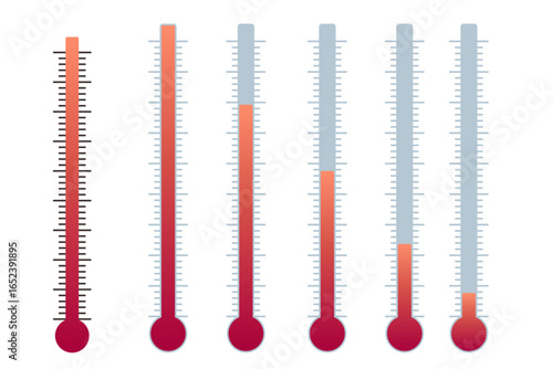 Temperature progression chart with six vertical thermometers. Red to blue gradient displaying decreasing heat levels. Visual temperature scale comparison. Vector illustration isolated on white