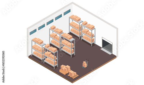 Isometric warehouse interior design. Storage racks filled with cardboard packages. Brown floor white walls with windows. Organized shelving system inventory management. Vector illustration on white