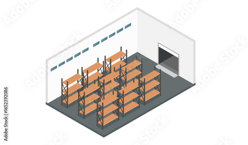 Isometric empty warehouse shelving frames. Dark gray floor space black metal storage racks structure. Industrial facility interior preparation setup. Vector illustration isolated on white background