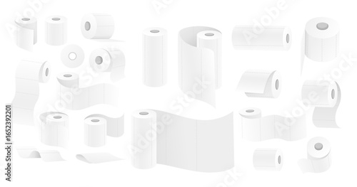 Toilet paper rolls collection. White tissue paper in various positions and angles. Bathroom hygiene products set. Essential household supplies in different views. Vector illustration isolated