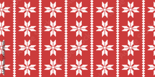Folk Christmas Wrapping paper. Vector illustration of tradition red and white color Folk Seamless pattern. Perfect living room wallpaper sweater bed linen print clothes ethnic stylish decor. EPS 10