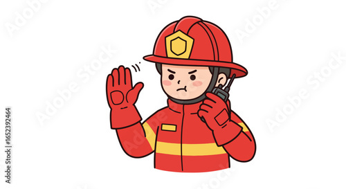 Cartoon Firefighter Communicating with Walkie-Talkie
