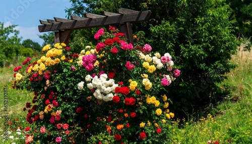 Wallpaper Mural Vibrant multicolored roses bloom profusely, climbing a wooden arbor in a sunny garden setting Torontodigital.ca