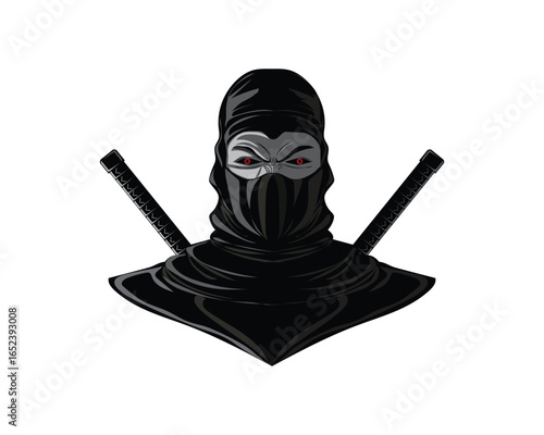 vector design of a ninja on a white background and wearing a black head covering. His eyes are red and behind his head there are two crossed samurai swords with black handles