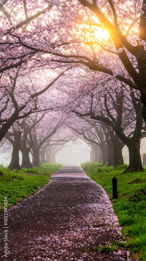 Obraz premium A pathway through a blossoming cherry tree tunnel