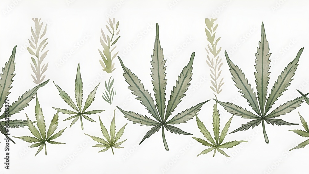 Fototapeta premium Seamless botanical border featuring detailed cannabis plant leaves, hand-drawn in soft green tones.