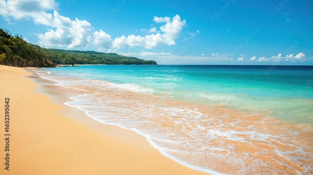 Fototapeta premium A beautiful coastal landscape with a golden sandy beach, turquoise waters, and clear blue skies.