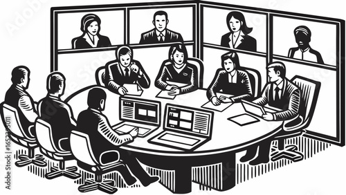 Illustration of a business meeting with remote participants on video screens and laptops present |  editable eps vectors silhouette