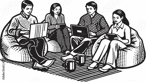 Four people sitting on beanbags with laptops and tablets in a casual meeting environment setting scene |  editable eps vectors silhouette