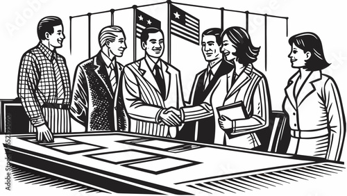 Group of business people shaking hands in a meeting room with flags in the background at a conference table |  editable eps vectors silhouette