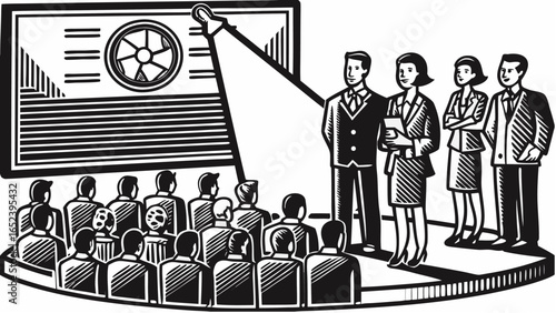 Illustration of a business presentation with a team of presenters on stage and an audience present |  editable eps vectors silhouette