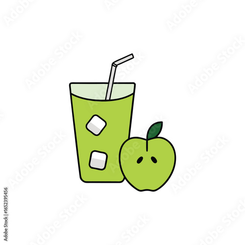 Refreshing green apple juice with a dynamic ice splash and crisp apple slices illustration