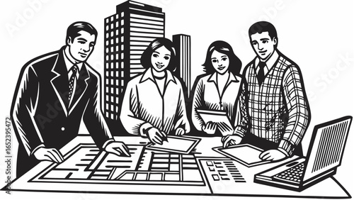 Team of architects reviewing blueprints with laptop and city buildings in the background drawing style |  editable eps vectors silhouette