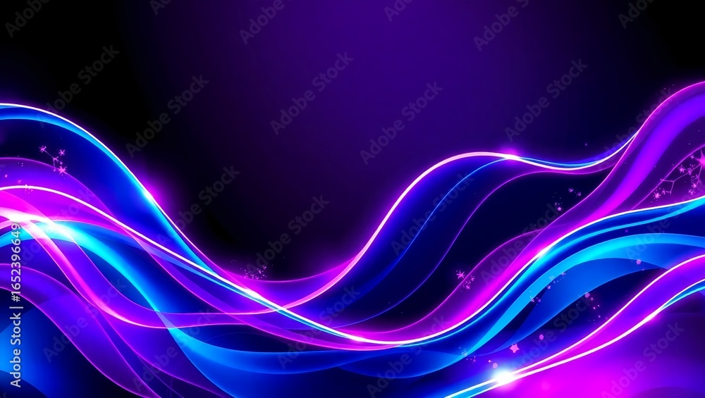 Naklejka premium Vibrant Purple and Blue Neon Waves with Glowing Effects – Abstract Digital Art