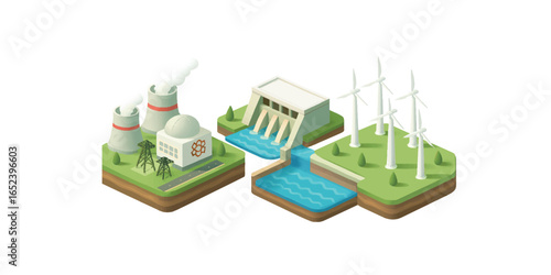 Print   Set of 3D Isometric vector illustration of an industrial energy complex featuring nuclear reactors, hydroelectric dams, and wind turbines on a clean background 