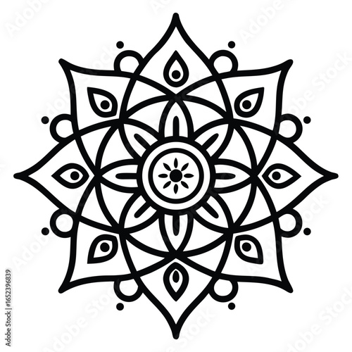 Intricate Black and White Mandala Design with Floral and Geometric Elements